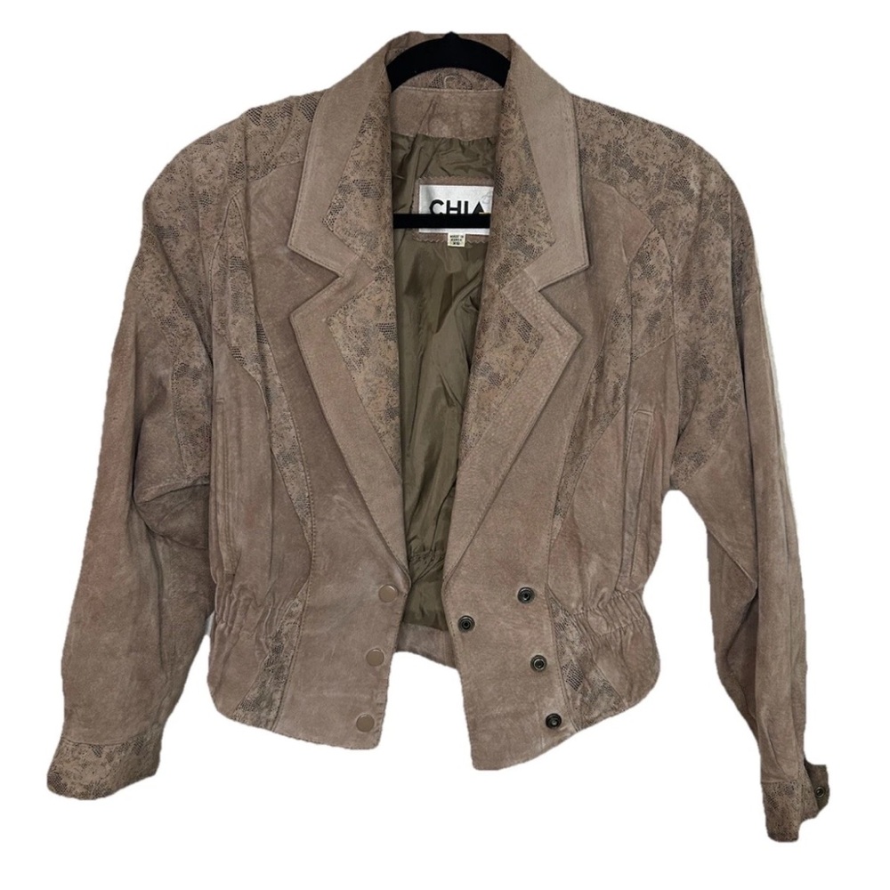 Vintage 90’s CHIA Cropped Brown Suede Leather Jacket Snake Print Panel Korea XS - Picture 16 of 16